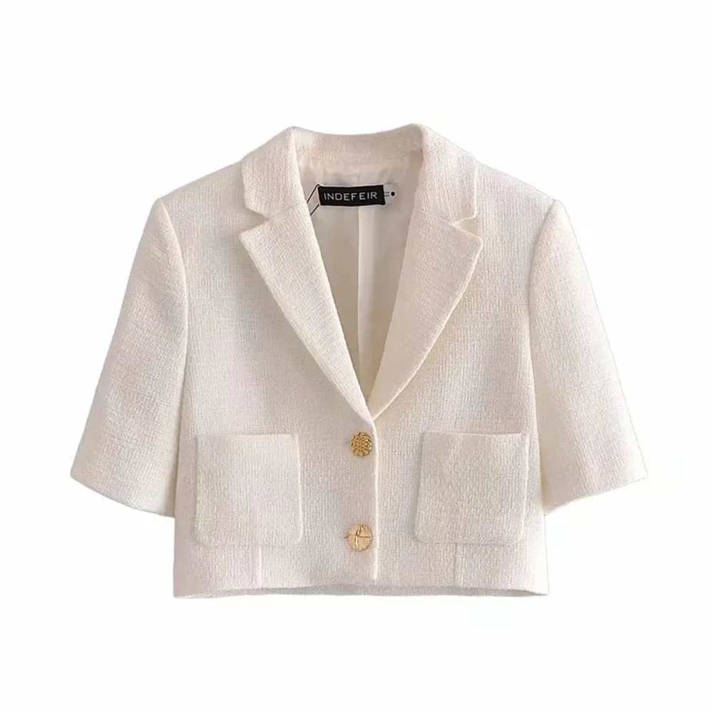 

Женский твидовый пиджак с коротким рукавом, однотонный Белый однобортный приталенный пиджак в уличном стиле, лето 2021