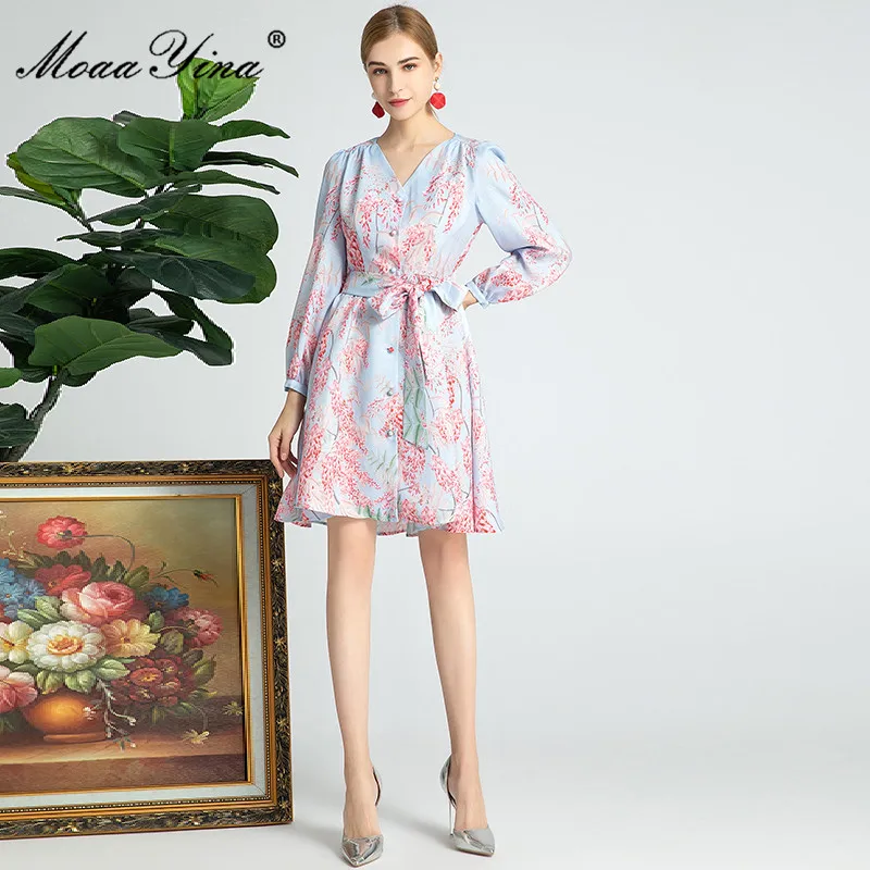 

MoaaYina Fashion Designer dress Spring Women's Dress V-neck Lantern Sleeve Floral Print lace-up Vacation Dresses