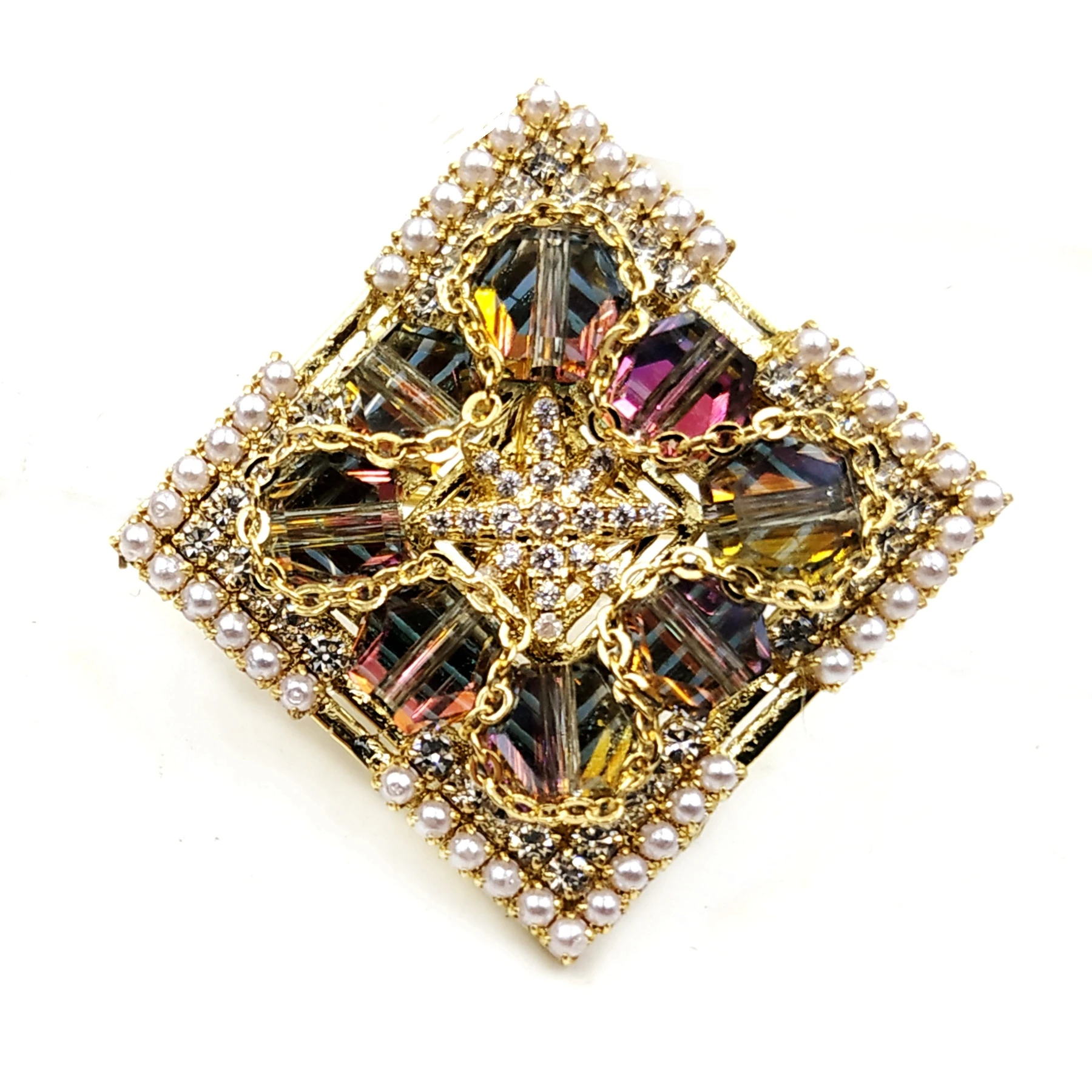 

Designer Vintage Stylish Six-Point Star Domed Square Shaped Colorful Stones Broach Pin Art Deco Jewelry for Women Accessory