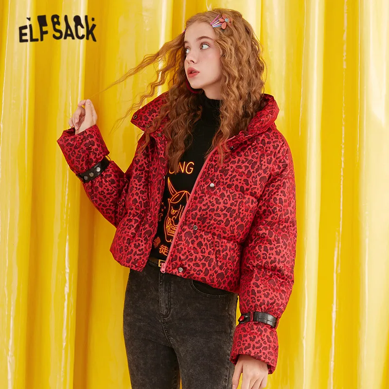 ELFSACK красные леопардовые прямые теплые пуховые пальто для женщин 2019 зима новинка