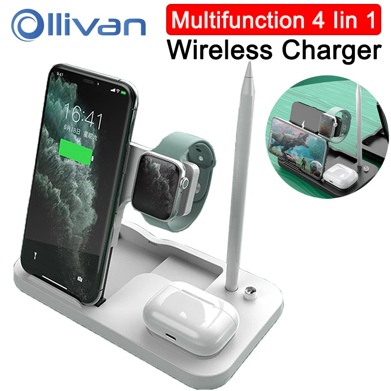 Беспроводное зарядное устройство Qi 15 Вт 4 в 1 для iPhone 12 Pro Max Apple iWatch Pencil Airpods