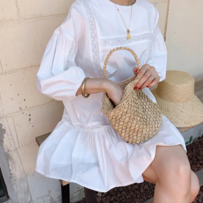 

2021 Korean version of summer cute doll Hubble puff sleeve round neck closed thin short dress female waist loose