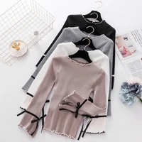 ljsxls pull femme 2021 autumn winter new solid pullovers slim flare long sleeve sweater women korean slit bow knitted sweaters