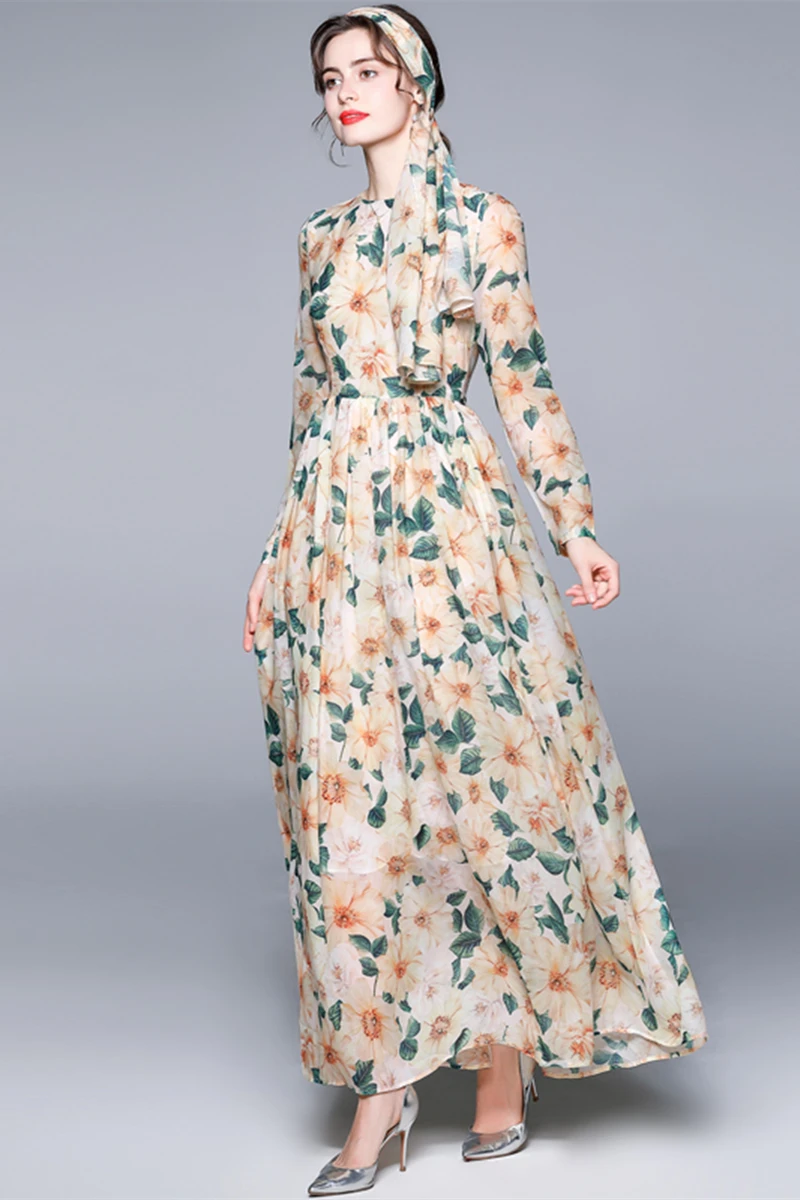 

Yellow floral dress 2021 long-sleeved holiday chiffon print large-scale light luxury ladies temperament and ankle long skirt