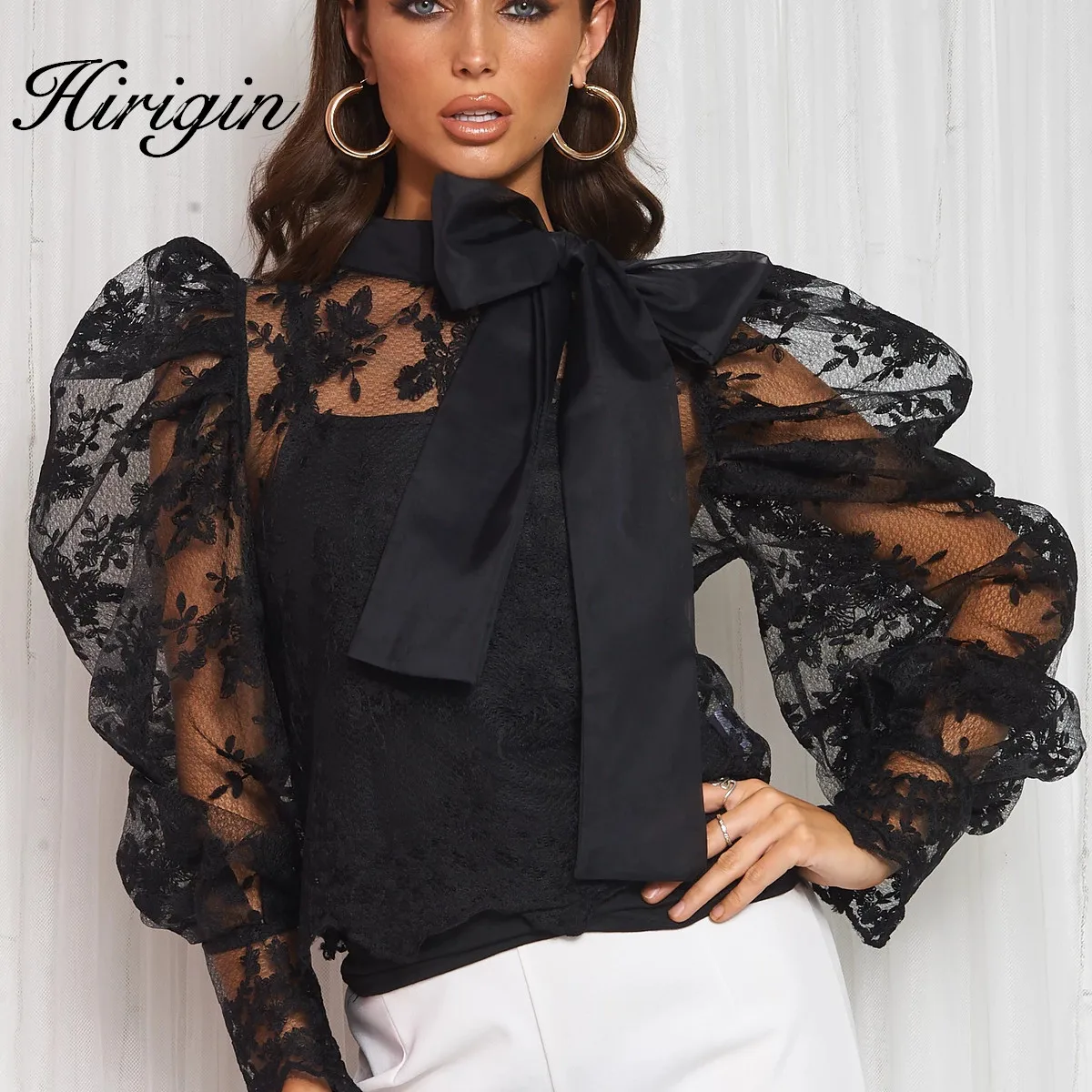 Женские кружевные блузки с вышивкой рубашки длинными рукавами фонариками и