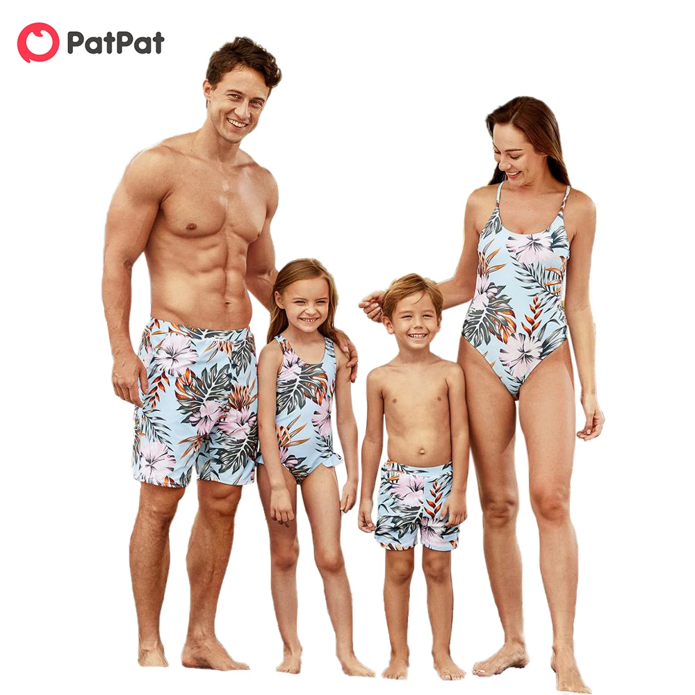 

PatPat 2020 New Summer Floral Print Matching Light Blue Family Swimsuits Swimwear Family Look