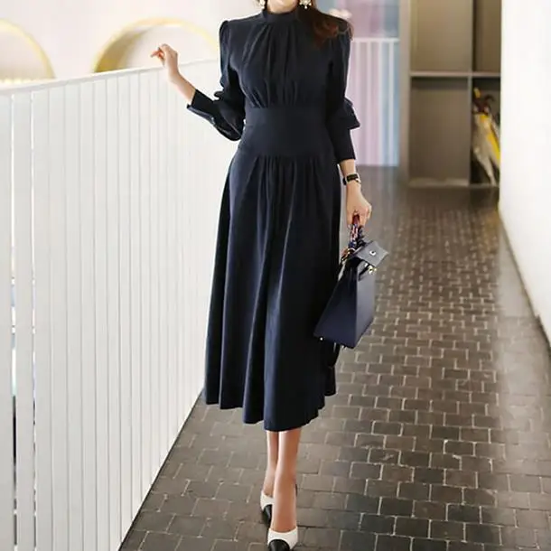 Осень 2020 офисное женское платье винтажное элегантное с воротником стойкой