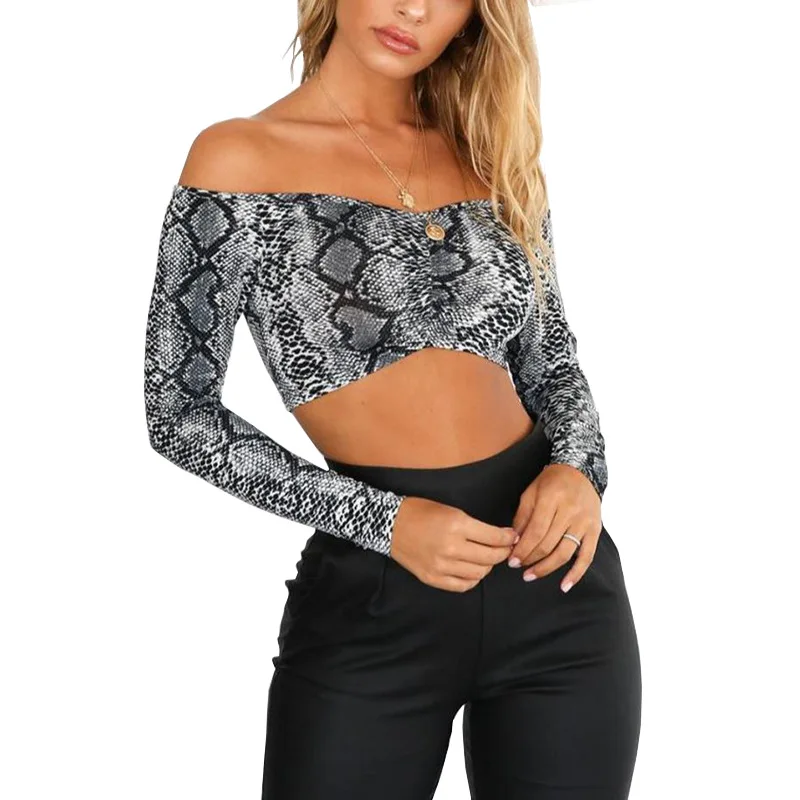 Женская футболка без бретелек со змеиным принтом с открытыми плечами длинными