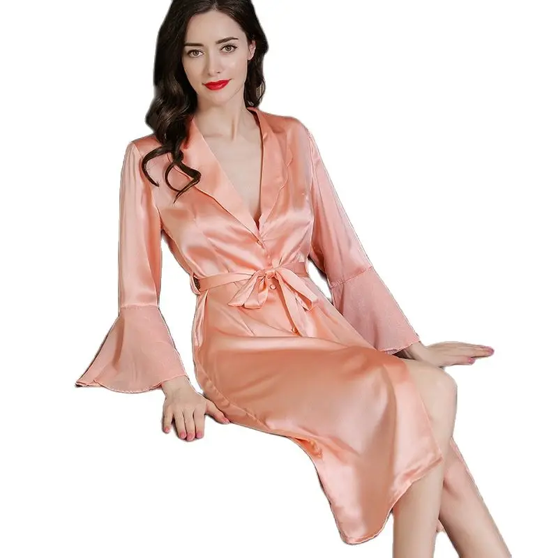 P9952 New Fashion Long-sleeved Sexy Robe Female Spring and Summer 100% Silk Pajamas Bathrobe Women Home Clothes