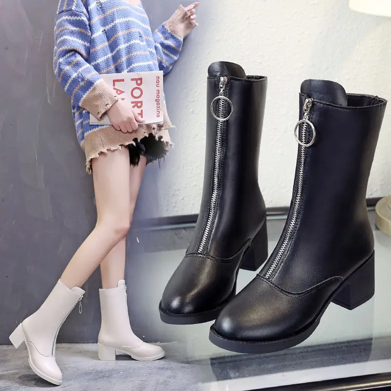 2020 Korean Wave New Autumn and Winter Thick Heel Round Toe Women's Boots Front Zipper Mid-tube Short Boots Martin Boots Women