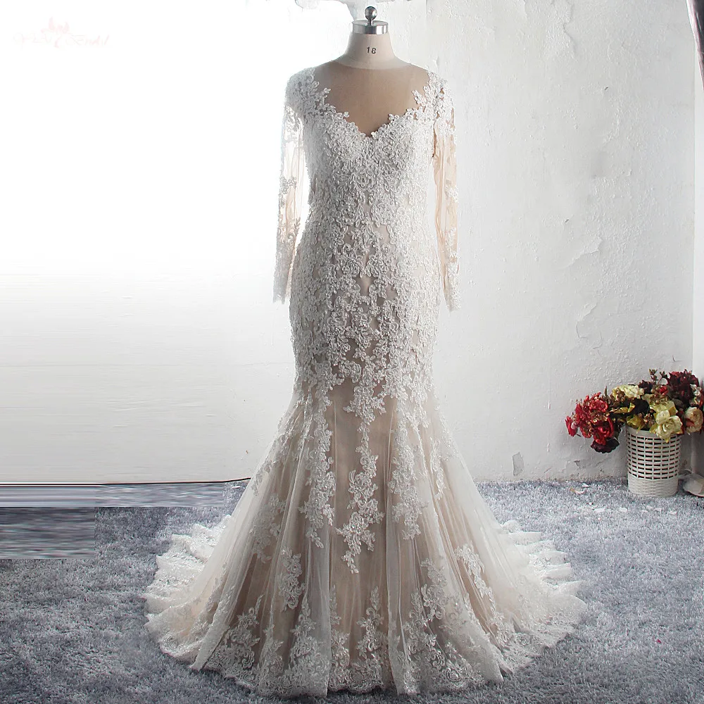 RSW1538 свадебные платья цвета шампанского с юбкой годе иллюзия сзади 2019 Robe de mariee