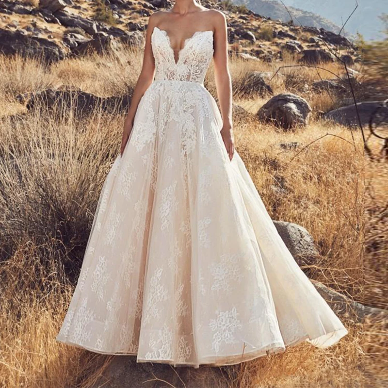 

2022 A-line Wedding Dress Strapless Sweetheart Zipper Back Wedding Long Gown Lace Appliques Bride Dress vestido de novia encaje