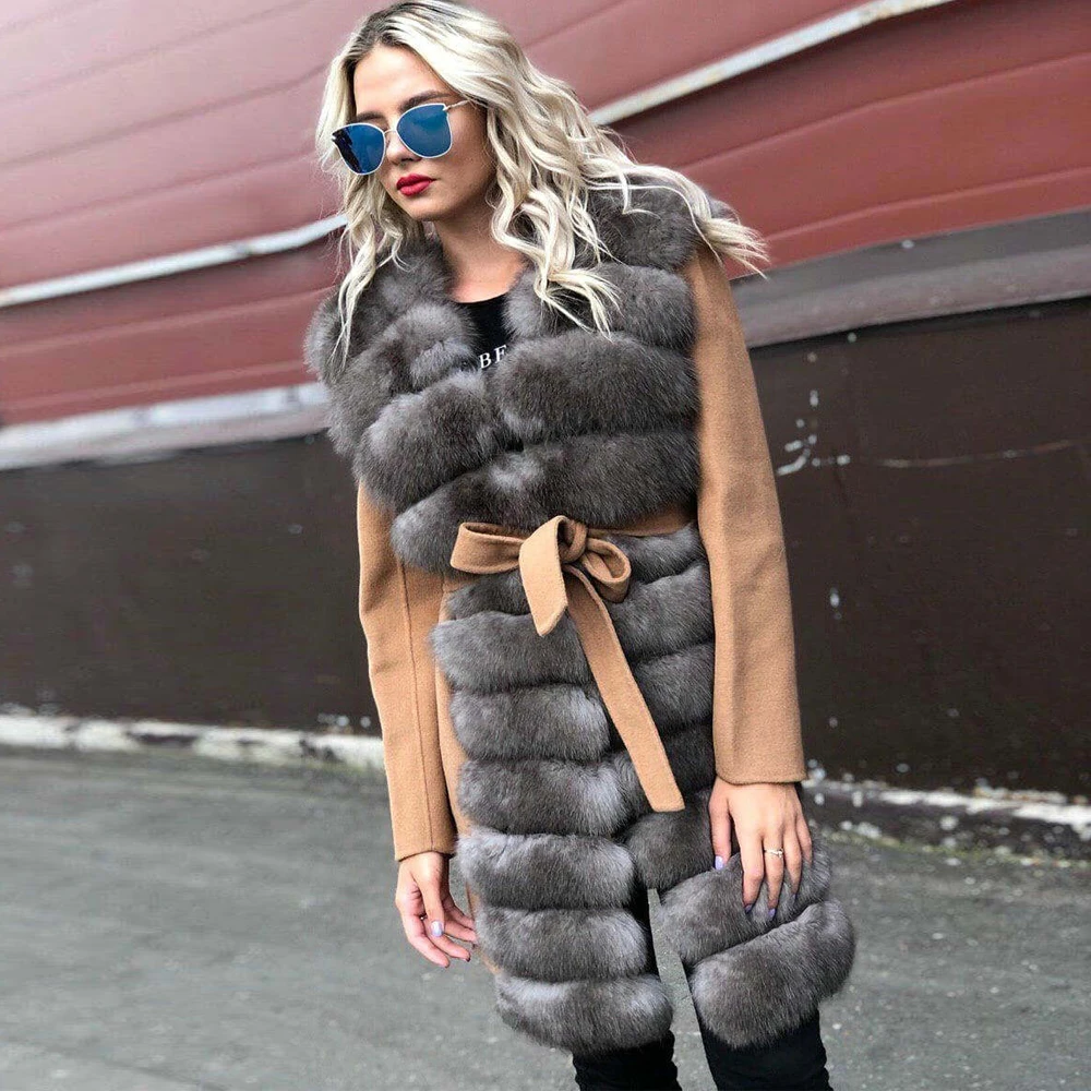 Women Wool Blends with Fox Fur Collar Warm Long Coat Winter New High Quality Real Fox Fur Cashmere Coat Outwear with Belt Slim