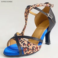 latin salsa dance shoes medium heel 7cm 3 5inch leopard blue mixed satin suede outsole bachata latin dance shoes for women