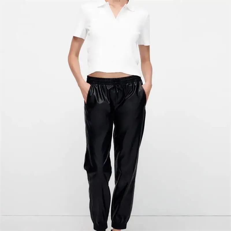 

ZXQJ Women Fashion Side Pockets Faux Leather Jogging Pants Vintage High Elastic Waist Drawstring Female Ankle Trousers Mujer