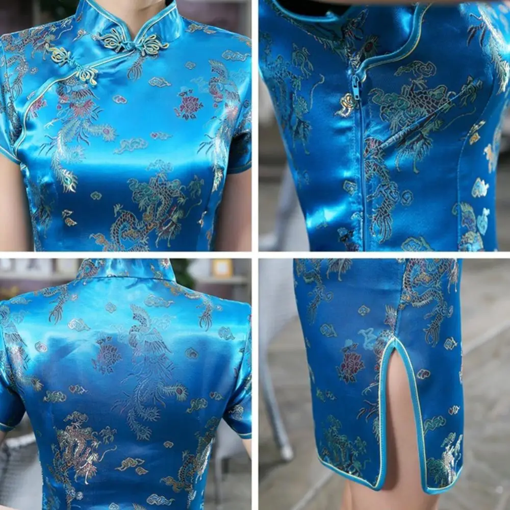

70% Hot Sell Women Chinese Dragon Phoenix Embroidery High Neck Short Sleeve Split Mini Dress