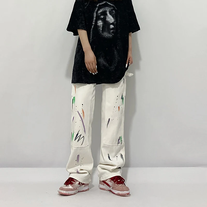 

SHENGPALAE Streetwear Graffiti Jeans Women's Autumn 2021 New High Waist White Loose Straight Hip Hop Denim Pants Female Tide