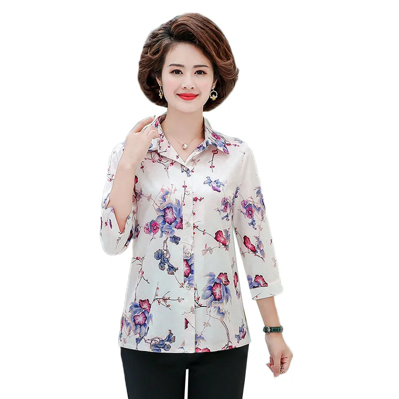 

Middle Age Women Blouse Summer New Mother Three Quarter Sleeves Print Shirt Buttons Blusa Feminina Tops 5XL W2303