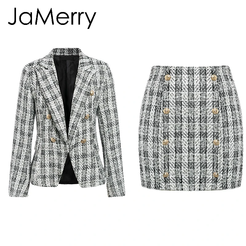 Suit JaMerry, винтажный комплект из 2 предметов, клетчатый Блейзер, для женщин, на пуговицах, двойная грудь, для офиса, для девушек, Блейзер, куртки, рабочая одежда, Женский блейзер, костюмы - Цвет: Suit