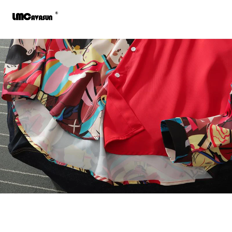 

LMCAVASUN Retro printing stitching long-sleeved shirt Men's Tops Hip Hop BF Loose Floral Couple Shirt 603135