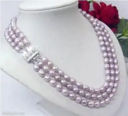

3 Rows Genuine 7-8MM Freshwater Purple Pearl Rice Beads White Gold Plated Crystal Clasp Necklace