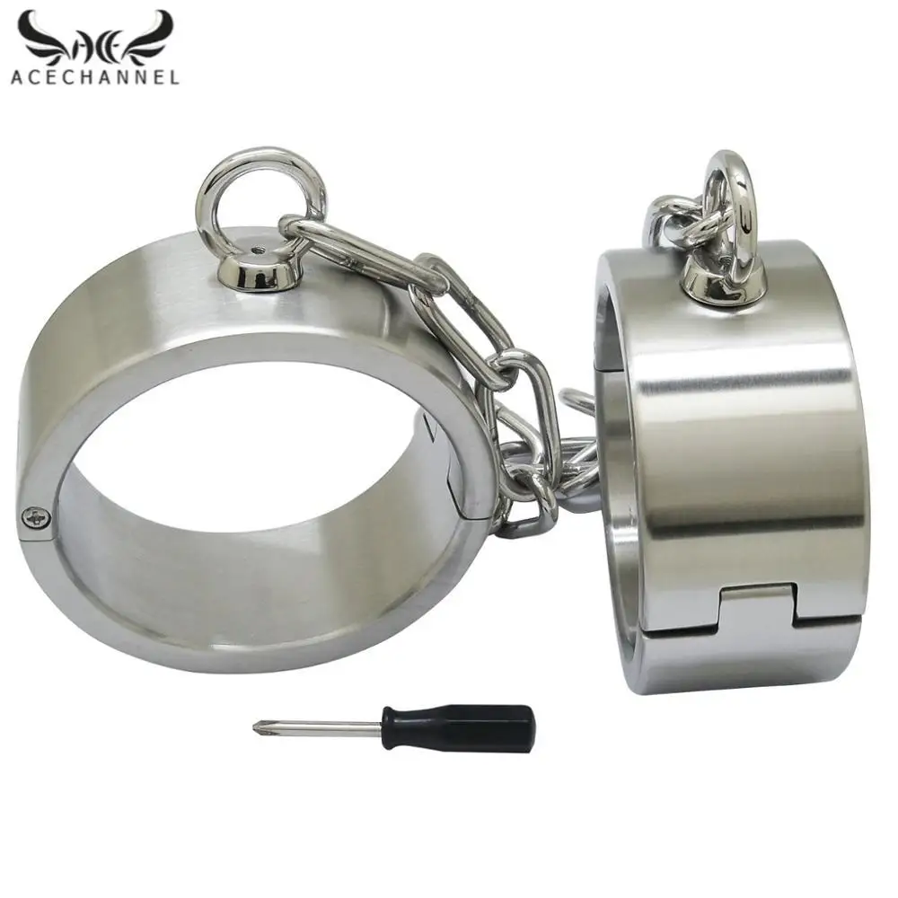 Height 40mm Brushed silver stainless steel wrist ankle cuffs lockable bangle chain cuffs slave bracelets jewelry steel wrist