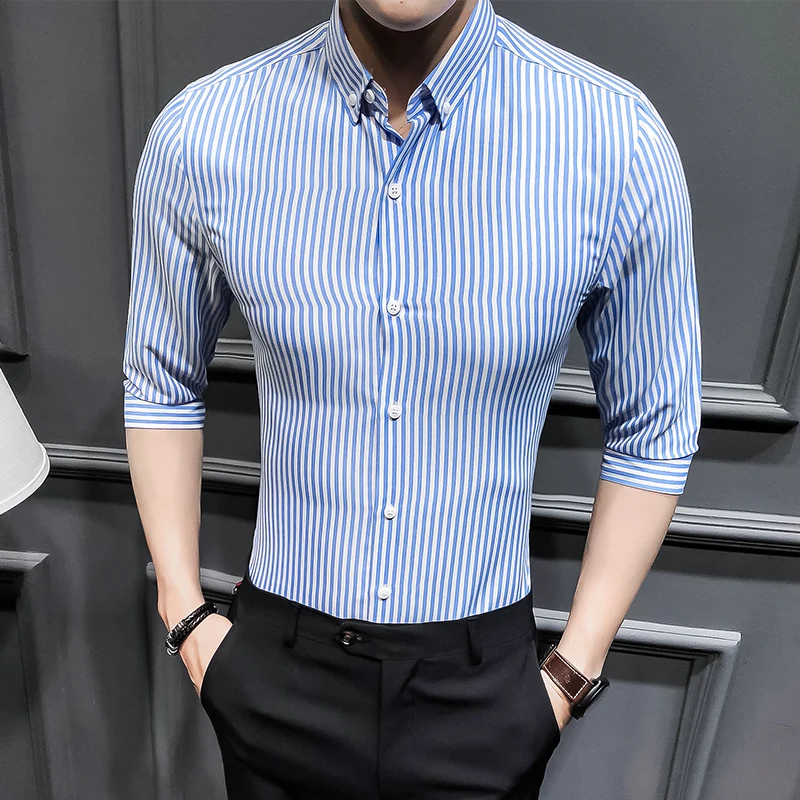 YASUGUOJI новые модели рубашек летние деловые повседневные Стиль Полосатый Slim Fit Три