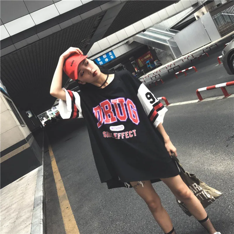 

Harajuku Summer T-Shirts Long T-Shirt Loose Letter Printed Women Tshirt Loose Female Tee Tops Large Size