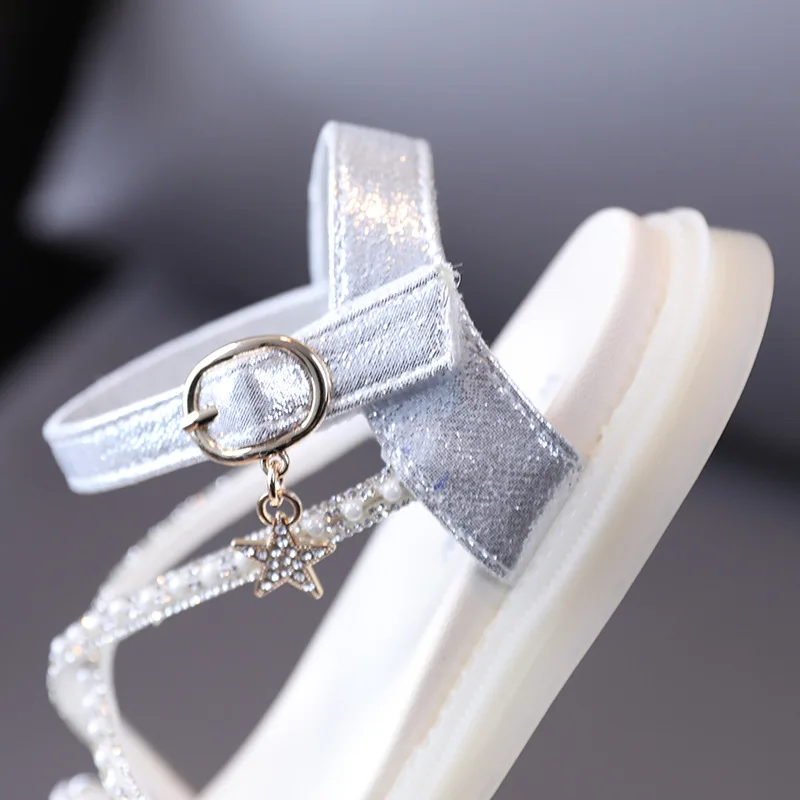

17-19cm Brand Girls Rhinestones Sandals Black Silver Kids Girls Pearls Princess Summer Dress Shoes Toddler Shoes For Children
