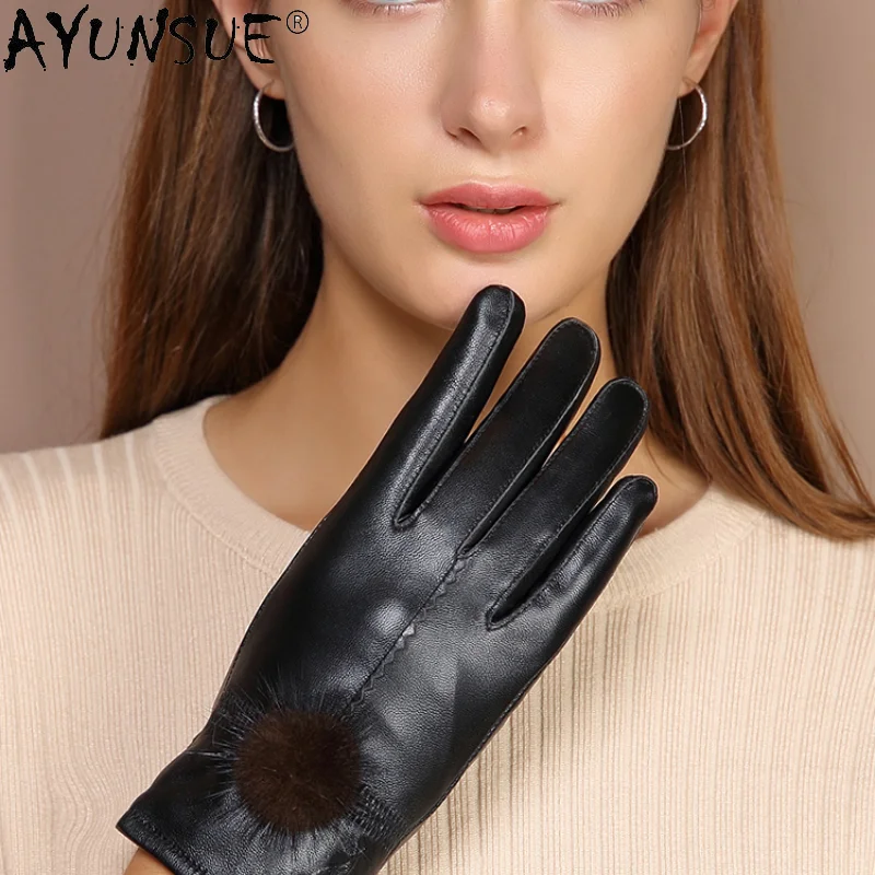 

AYUNSUE Winter Gloves Women Genuine Leather Gloves Keep Warm Black Real Sheepskin Gloves Autumn Driving Guantes Negros SQQ406