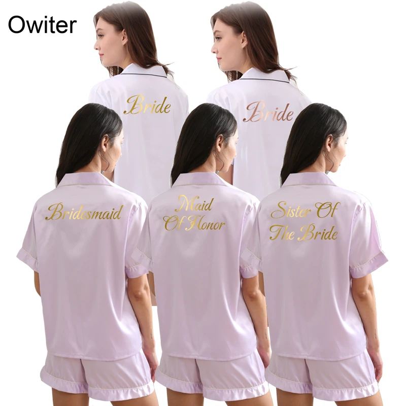 Pajamas Set Womens Ladies Satin Wedding Bridesmaid Bride Pyjama Set Wear Pajamas Short Sleeve Pjs Set Lavender