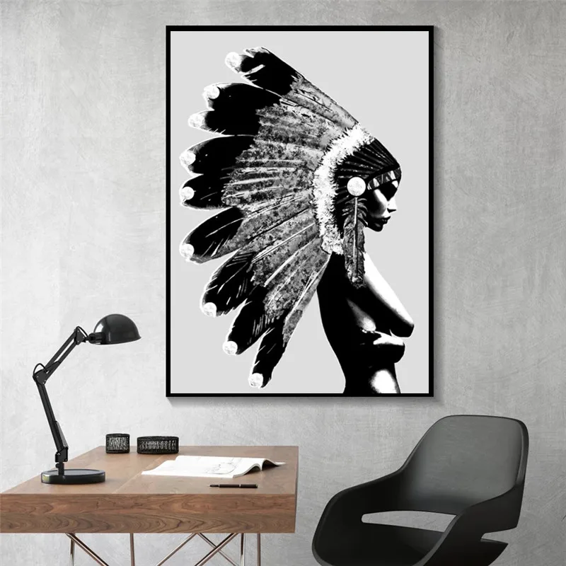 

Indian Girl Figure Painting Nordic Poster Wall Art Canvas Print Black White Wall Pictures For Living Room