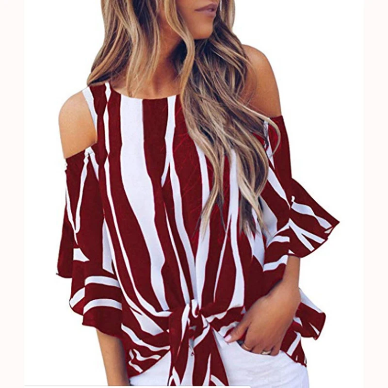 

2021 New Women Sexy Off Shoulder Blouses Elegant Ruffles Half Sleeve Bowknot Blouse Summer Fashion Plus Size Striped Shirt Tops