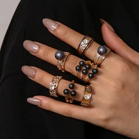 exaggerated big imitation black pearls rings for women hip hop hollow phalanx ring lady bulk lot pearls modern knuckles jewelry