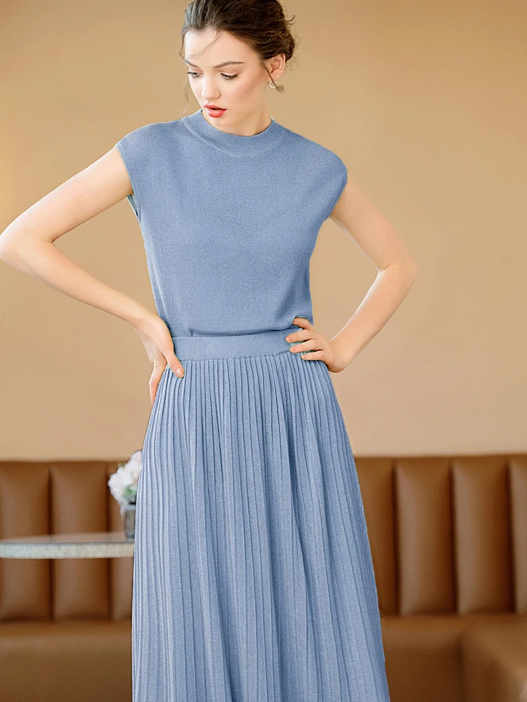 Простой дизайн модные женские комплекты водолазка без рукавов вязанный Топ