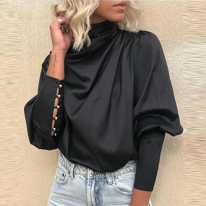 Женская Черная драпированная блузка на шнуровке с манжетами однотонная длинным