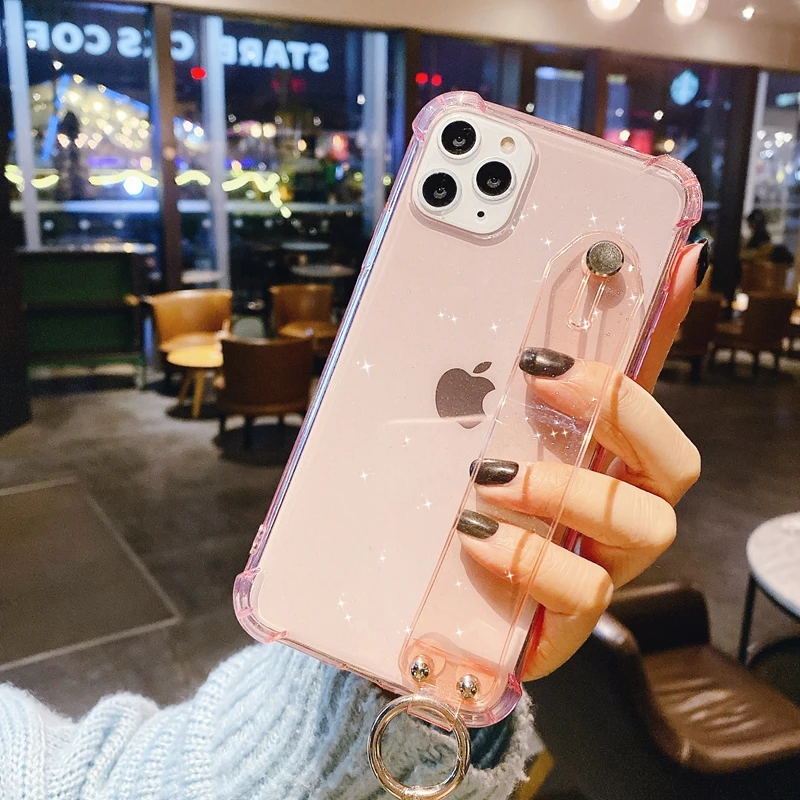 

Transparent Glitter Wrist Strap Phone Case For iPhone 11 12 mini Pro Max X XR XS Max 7 8 6 6S Plus SE 2020 Kickstand Cover