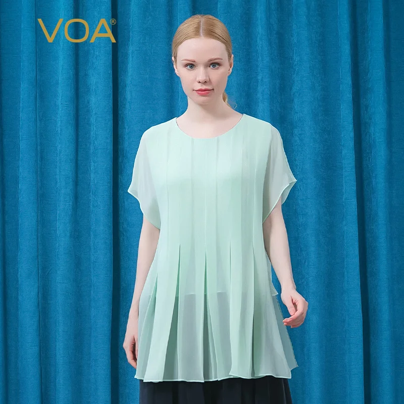 

VOA Silk Georgette Green Woman Tshirts BE632 Round Neck Lotus Leaf Sleeve Pleated Double Thin Elegant Summer T-shirt Women Tops