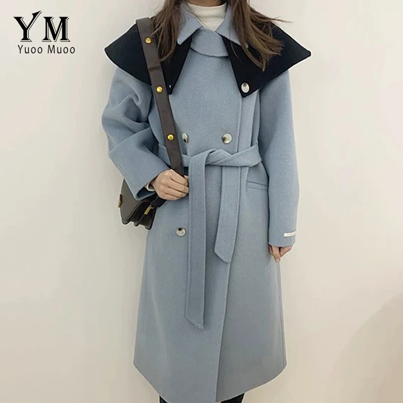 

YuooMuoo модное съёмная накидка двубортное шерстяное пальто женское элегантное длинное зимнее пальто на шнуровке Женская винтажная куртка ове...