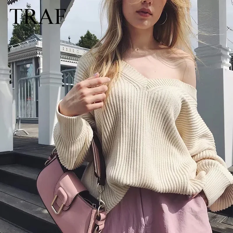 

TRAF ZA 2021 Autumn Women's Sweater Elegant Solid Top Female Casual Oversize Long Sleeved Knitted Chic Sexy Lady V-Neck Pullover