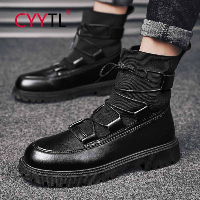 

CYYTL Winter Chelsea Black Splicing Sock Boots High Top Non Slip Shoes Comfortable Casual Lace up Motorcycle Leather Booties