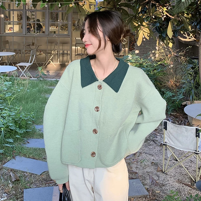

Зеленый свитер кореjepo, кардиган, пальто, женская одежда, весна и осень 2021, Новая мягкая верхняя одежда с отложным воротником, свитеры, топы