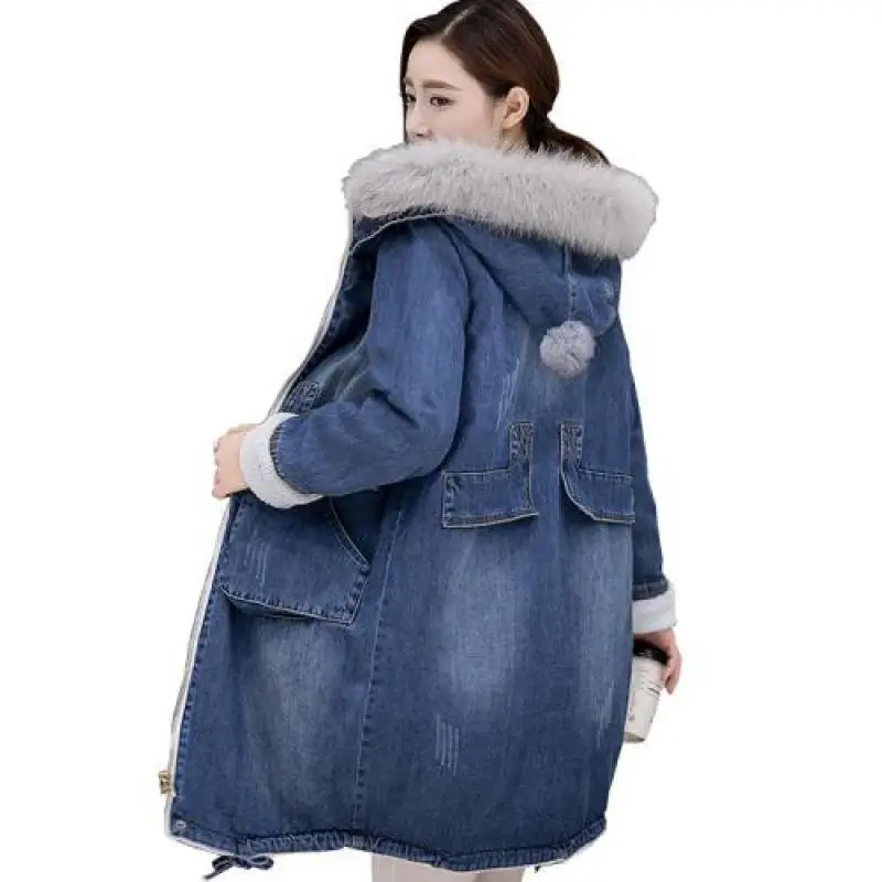 Женское модное джинсовое пальто новинка 2019 зимняя теплая парка с длинным рукавом