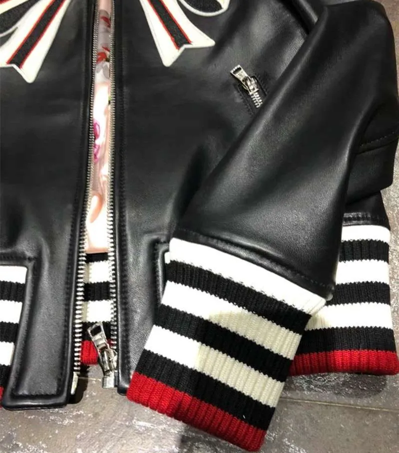 New Designer women's sheepskin leather jackets embroidery bowtie Genuine leather coats D616