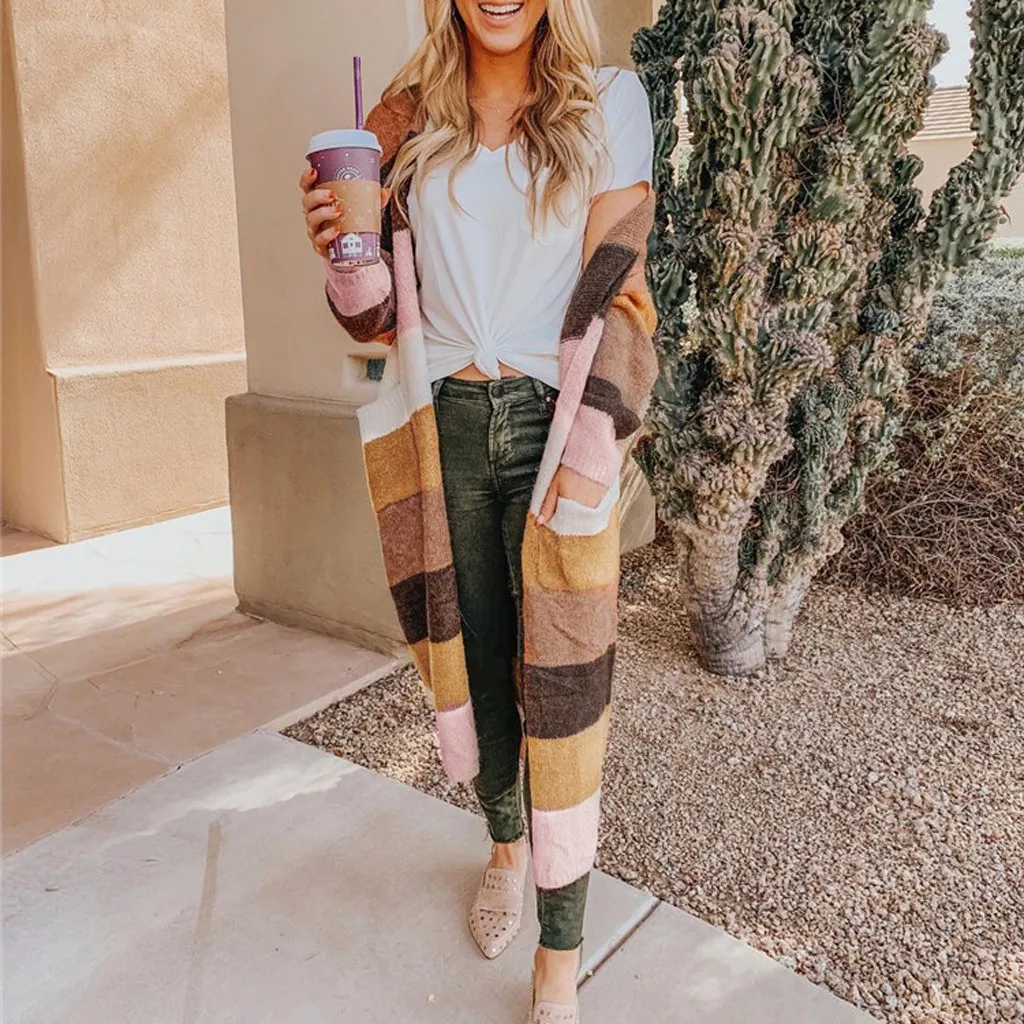 Женский кардиган размера плюс с круглым вырезом Осень зима разноцветный вязаный