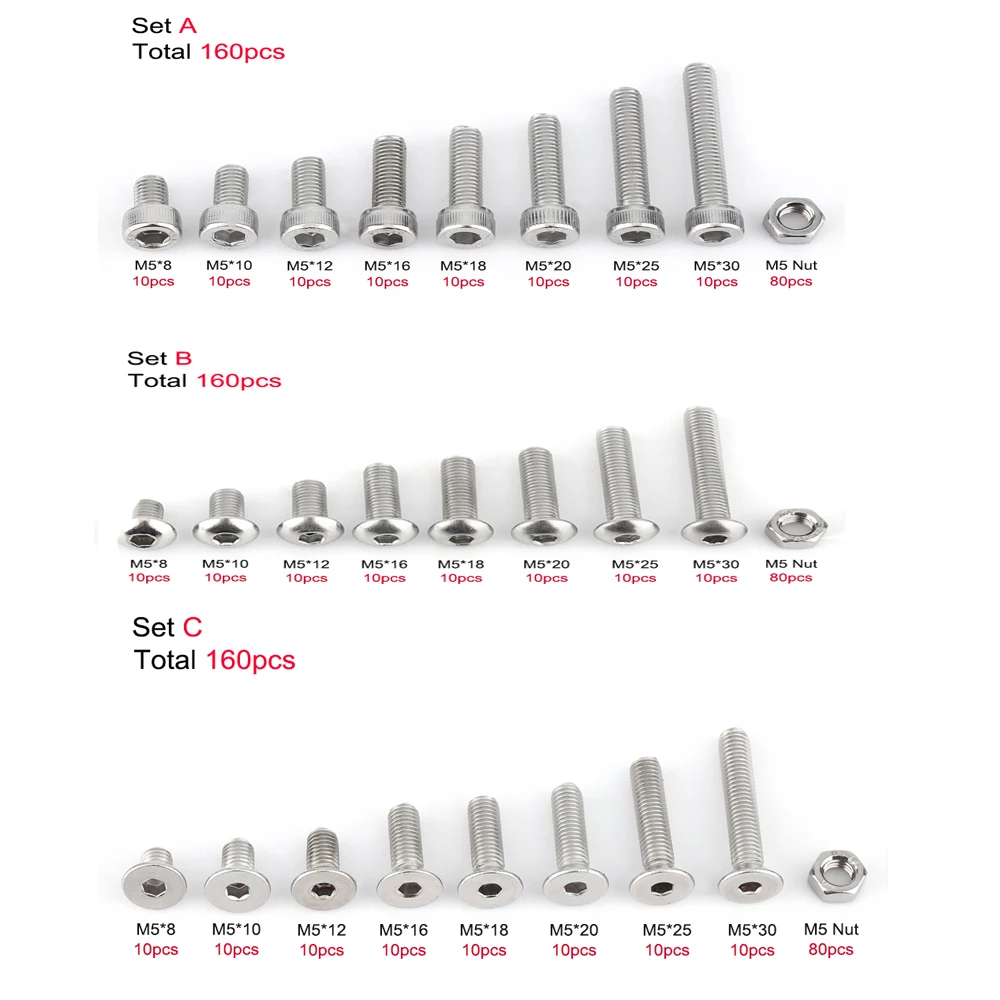 

160 шт./компл. M5 * 8/18 винты болты и гайки из нержавеющей стали с шестигранной головкой Винт с шестигранной гайкой Ассортимент Комплект крепежн...