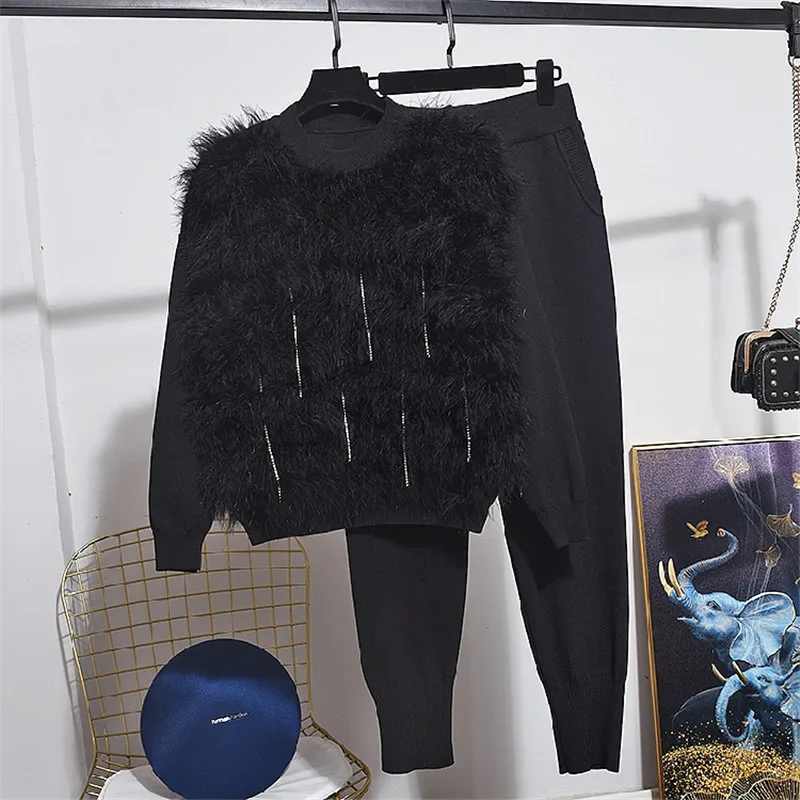 Высококачественный черный женский спортивный костюм осенне-зимний вязаный