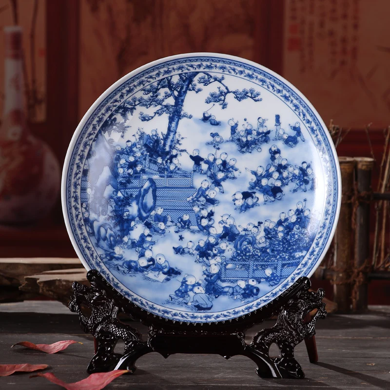 Китайская классическая античная фарфоровая сине белая тарелка фруктовая