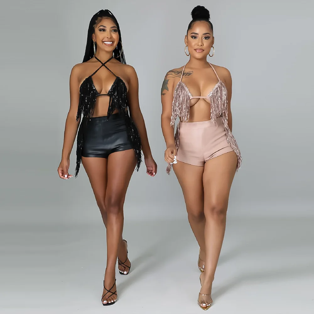 

Women's sexy strappy sequin fringed bikini top + shorts set