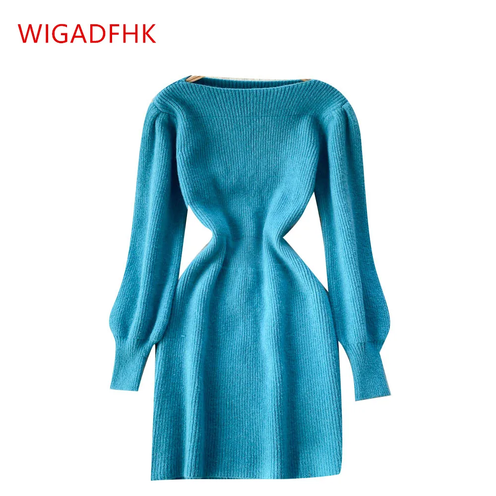 

Fashion Simple Solid Color Long-sleeved Knitted Dress Women's Autumn And Winter New Slim Sexy One-shoulder A-line Sweater Dress